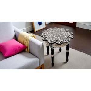 W165 Egyptian Artisan Mother of Pearl Inlaid Side Table, Handcrafted Round Rose Design, Black and Pearl Geometric Pattern, Traditional Islamic Mosaic Style
