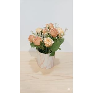 Luxury Artificial Roses, Beige with Porcelain Vase, Flower Arrangement for Home Office Decoration
