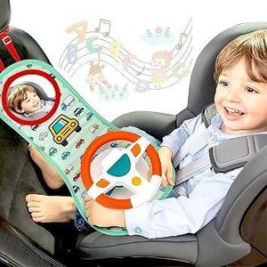 AM ANNA Baby Car Seat Toys for Infants with Mirror, Carseat Toys Steering Wheel with Music Lights and Driving Sounds, Travel Car Seat Toy for Infants Babies 6 to 12 Months