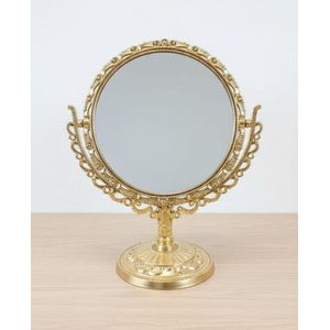  مرآة طاولة فاخرة بإطار ذهبي بلاستيك، تصميم كلاسيكي، مرآة مزدوجة الوجه دوارة مع قاعدة منقوشة 