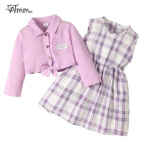 Catpapa 1-6Years Kids Girl Long Sleeve Shirt Cardigan + Plaid Dress