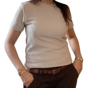 Chrisly  تي شيرت مضلع  تي شيرت نص كم برقبة دائرية خامة مضلعة  بارزة الملمس وافل  للنساء والرجال نسيج بارز  لون بيج  