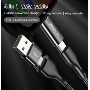 Yesido CA-59 للشحن السريع ونقل البيانات 4 في 1 - كابل متعدد الوصلات يدعم Lightning و USB-C و Micro-USB، تصميم مضفر متين (أسود)