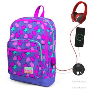 CORAL HIGH Kids Four Compartment USB School Backpack - Lavender Pink Heart Patterned