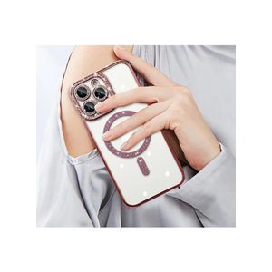 جراب لهاتف آيفون 13 برو ماكس، جراب مغناطيسي لامع، جراب فاخر مرصع بأحجار الراين والماس، متوافق مع MagSafe، جراب شفاف لامع لحماية عدسة الكاميرا للنساء والفتيات (وردي)