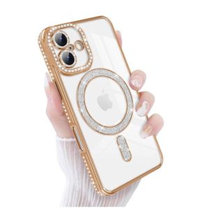 جراب هاتف مغناطيسي لامع مزين بالجليتر لهاتف آيفون 16 (متوافق مع ماج سيف)، واقي عدسة الكاميرا مقاوم للصدمات، جراب TPU ناعم مرصع بالألماس اللامع، مناسب للفتيات والسيدات، لهاتف آيفون 16 - ذهبي