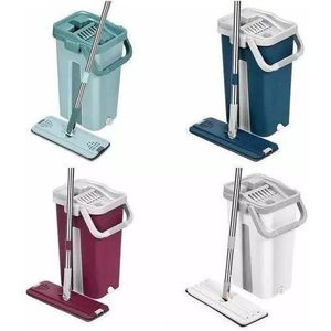 Bucket with Squeezer 2 Flat Mop And 2 Spare Parts - Assorted Color 360° automatic rotating for cleaning home, wood and kitchen surfaces