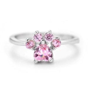 925 Sterling Silver Pink Zirconia Paw Print Heart Ring for Women