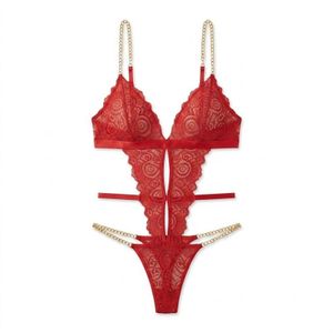NF22-053 Red Women's Sexy Red Sheer Lace Bodysuit Teddy Lingerie with Cutouts and Metallic Gold Chains