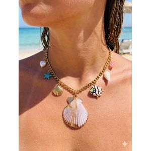 Gold Cuban Chain Ocean Charm Necklace  Real Gold-Framed Shell Pendant with Colorful Fish, Turquoise Starfish, Pearl Heart & Cowrie Charms  Bold Summer Beach Jewelry