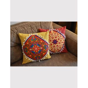 Set of 2 Decorative Throw Pillow Covers, Khaiyamia Design with Pom Pom Trim, 40 x 40 cm (Red,Yellow)
