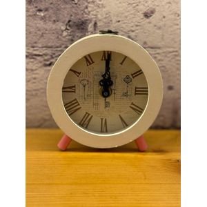 Classic Round Desk Clock, Roman Numerals White and Pink Vintage Clock with Keys for Home Office