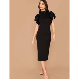SHEIN Clasi Plus Size Women's Ruffle Sleeve Stand Collar Black Dress