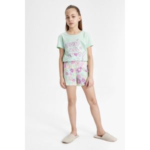 Defacto Girl Regular Fit Short Sleeve Knitted Pyjamas - Aqua