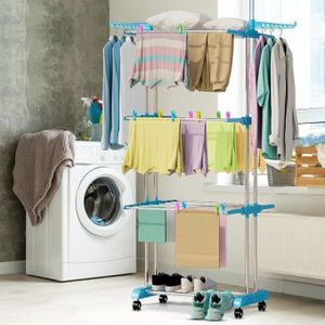 Clothes Drying Rack Foldable Standing Washing Airer Large Space Movable Laundry Dryer for Home Garment Storage Indoor (Blue White)
