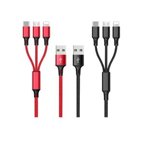 2 pieces)  Charger Cable Nylon Braided 3 in 1 Charging Cable Multi USB Cable Fast Charging Cord with Type-C, Micro USB and IP Port, Compatible with Most iPhones & iPads &Android(red&black)
