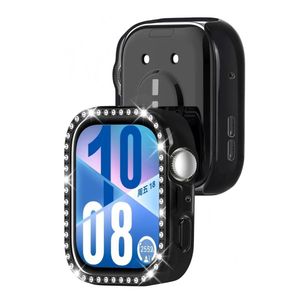 جراب مرصع بالكريستال بدون واقي شاشة لساعة هواوي فيت 4، جراب بإطار من البولي كربونات الصلب، جراب حماية مرصع بالكريستال للنساء والفتيات، جراب حماية رفيع لساعة هواوي فيت 4 (أسود)