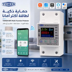 TOMZN TOMPD-63LW واقي و قاطع حماية ذكي واي فاي للجهد الكهربائي العالي والمنخفض وحماية الاطفال من الصعق الكهربائى متعدد الوظائف بشاشة رقمية 63 امبير مع التحكم عن بُعد