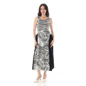 Andora Square Neckline Side Accent Sleeveless Dress - White & Black