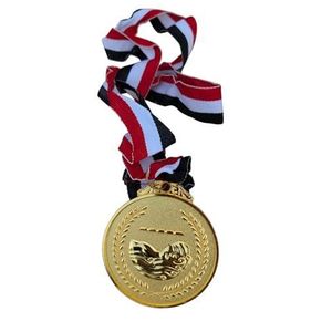 Large 7cm gold metal sports medal for swimming performance with a multi-shaped ribbon