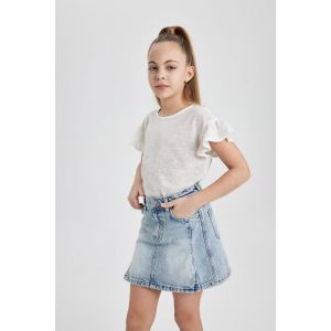 Defacto Girl Regular Fit Short Sleeve T-Shirt - Ecru