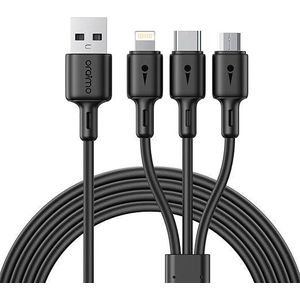 Oraimo كابل شحن 3 في 1، كابل شحن 3 أمبير مزود بمنفذ Micro USB ومنفذ Type-C ومنفذ Lightning، متوافق مع أجهزة Android وiOS وType-C، طوله 1.2 متر، أسود