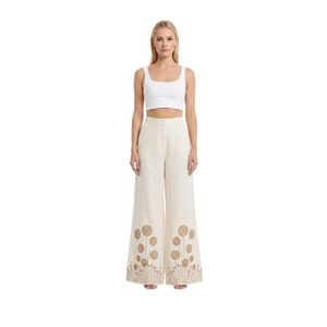 Forever 21 Women's Wide-Leg Linen Pants with Embroidered Floral Hem