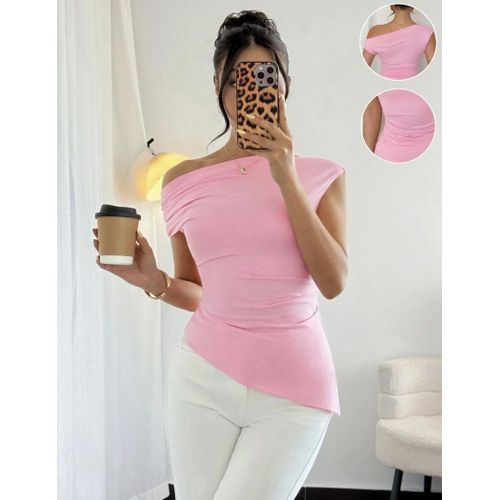 product_image_name-SHEIN-Solid Asymmetrical Neck Ribbed Knit Tee  -1