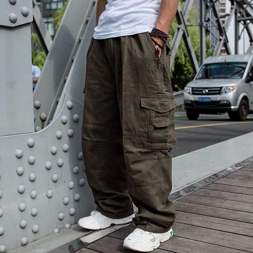 Plain Men Olive Cargo Pant Loose Fit