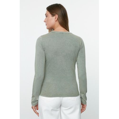 product_image_name-Trendyol-تي شيرت نسائي مزخرف بلون الكاكي بتصميم رقبة دائرية وتأثير باهت - Trendyol-5