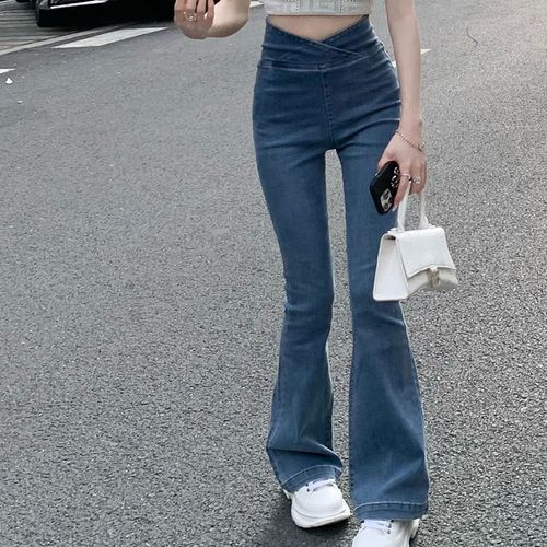 Fashion (Light Blue)Boyfriend Jeans Girls Elastic Waist Slim Fit Elegant  Female Denim Trousers Bell Bottom Y2k Vintage Streetwear Flared Pants Women  ACU