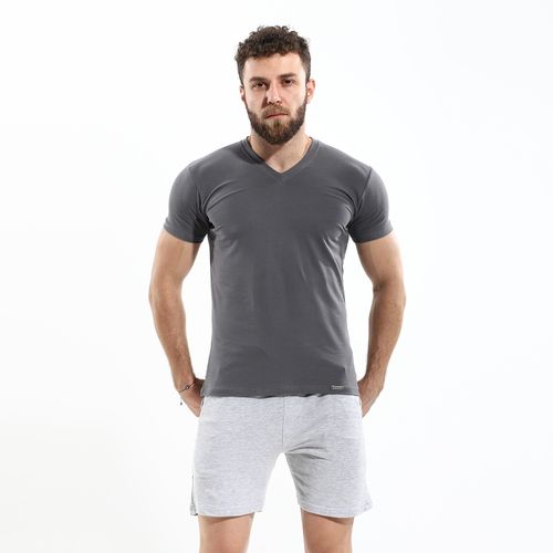 اشتري Cottonil Outwear V-Neck Basic Solid Dark Grey T-shirt في مصر