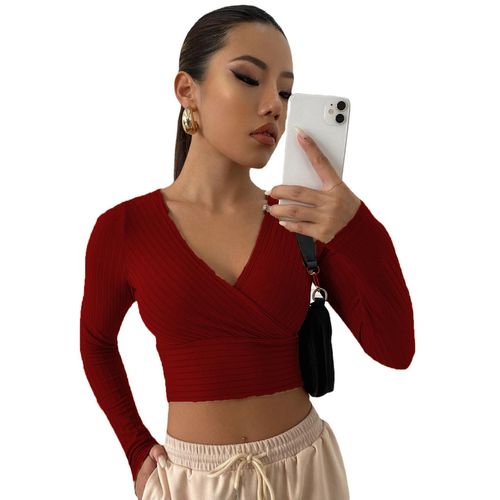 Fashion V-Collar Bare Midriff Stretch Tops @ Best Price Online