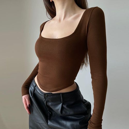 Fashion (Brown)2022 Autumn New Tops For Women Sexy Solid Y2K Square Neck  Slim Long Sleeves T Shirts Gothic Thin Irregular Aesthetic Pullovers SMA @  Best Price Online