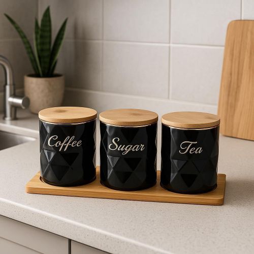 product_image_name-Generic-طقم علب تخزين بورسلين 3 قطع مع حامل خشب وأغطية خشبية، أسود، للقهوة والسكر والشاي، 31.5 * 12 سم-2