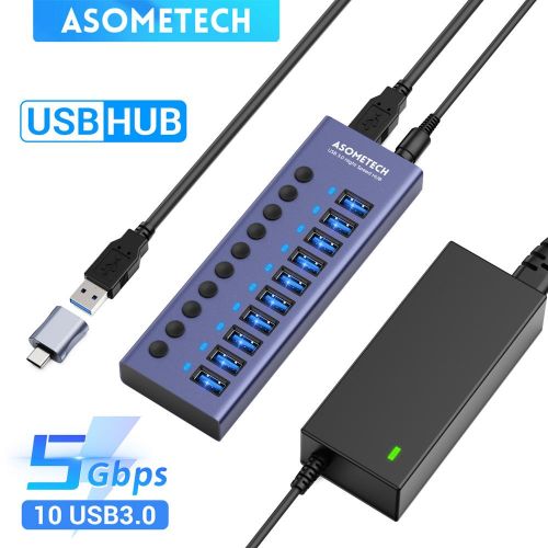 Multi Port USB Splitter，7 Port USB 3.0 Hub, USB A Port Data Hub with  Independent On/Off Switch and LED Indicators, Lights for Laptop, PC,  Computer