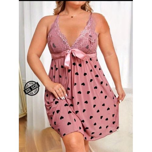 product_image_name-Generic-قميص نوم كبير الحجم – قماش زبدة مستورد، طباعة تسامي مع دانتيل – قلوب وردية – يناسب الوزن من 85 إلى 120 كجم-1