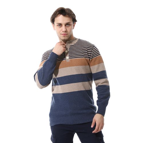 product_image_name-Andora-Crew Neck Striped Knit Pullover - Beige & Navy Blue-1