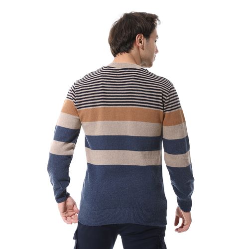 product_image_name-Andora-Crew Neck Striped Knit Pullover - Beige & Navy Blue-3