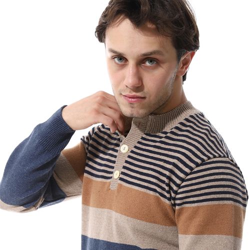 product_image_name-Andora-Crew Neck Striped Knit Pullover - Beige & Navy Blue-4