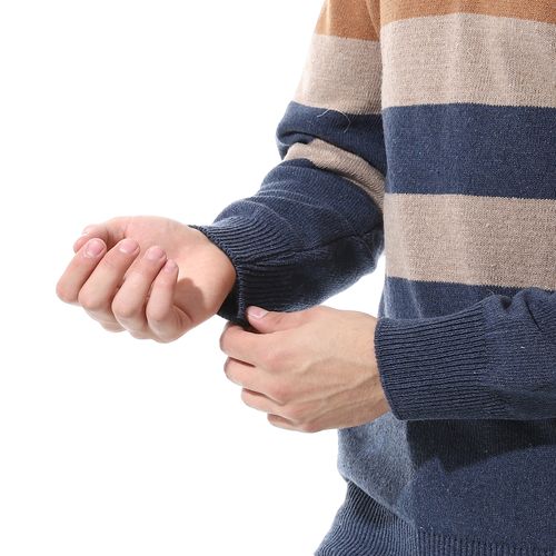 product_image_name-Andora-Crew Neck Striped Knit Pullover - Beige & Navy Blue-5