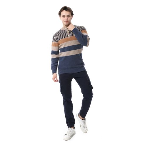 product_image_name-Andora-Crew Neck Striped Knit Pullover - Beige & Navy Blue-6