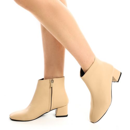 Buy Heeled Women`s Leather Ankle Boots - Beige in Egypt