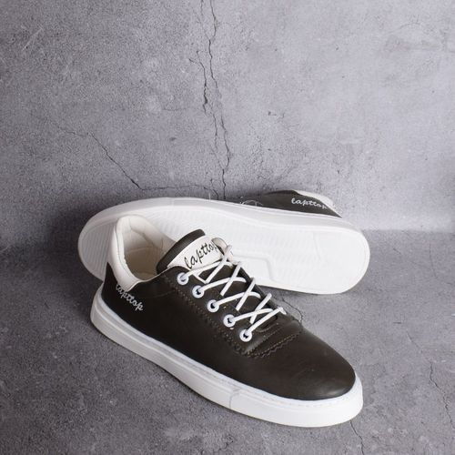 Buy Round Toe Leather Lace Up Sneakers - Dark Olive & White in Egypt