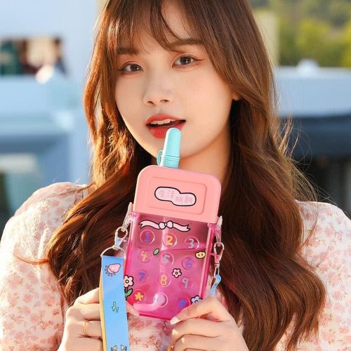 product_image_name-Generic-YunQin Creative Cell Phone Shaped Water Bottles,Leak Proof Cute Plastic Bottles with Adjustable Shoulder Strap and Straw, Multi-Colored Juice Drinking Bottles Suitable for Girls(300ML/10Oz-4