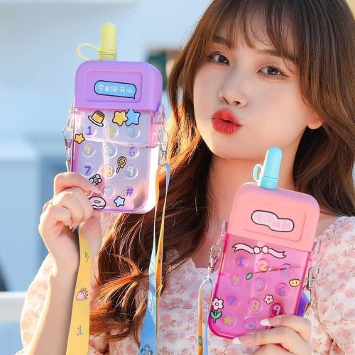 product_image_name-Generic-YunQin Creative Cell Phone Shaped Water Bottles,Leak Proof Cute Plastic Bottles with Adjustable Shoulder Strap and Straw, Multi-Colored Juice Drinking Bottles Suitable for Girls(300ML/10Oz-5