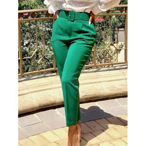 Aomei Women High Waist With Waist Belt Fashion Elegant Pants Green