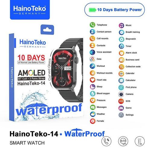 product_image_name-Haino Teko-ساعة ذكية HainoTeko-14 بشاشة AMOLED منحنية مقاس 2.0 بوصة - مقاومة للماء - مكالمات بلوتوث - عمر بطارية يصل إلى 10 أيام - تتضمن 3 أشرطة قابلة للتبديل (أسود)-3