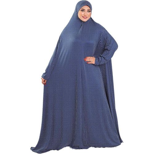 product_image_name-Generic-Polka Dot Plaid One Piece Cotton Feel Comfortable Hijab Wrap - High Quality Islamic Prayer Drop - Loose Fit -Navy Blue-2