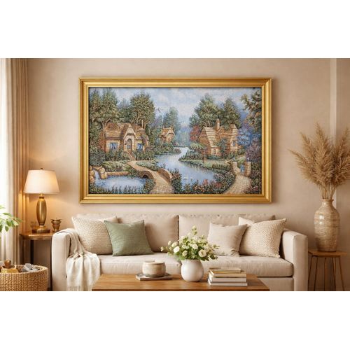 product_image_name-Generic-Landscape painting of swans, Gobelin tapestry, high-quality materials, natural gold wood frame, size 57 by 77 cm-4